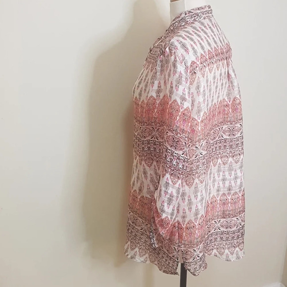 Chico's sheer 3/4 sleeve Mandarin collar Bohemian print vee tie neck top SZ 2X - Picture 5 of 7